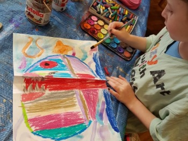 Happy, scary, fish, art project, kids art, drawing with oil pastels, water paint